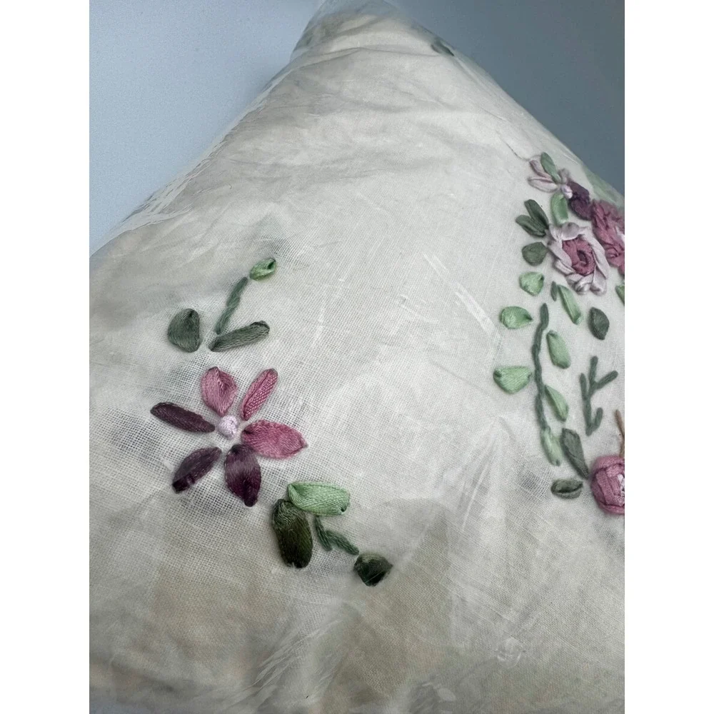 New Vintage Sweet Briar 12x16 Floral Embroidered Lumbar Accent Pillow